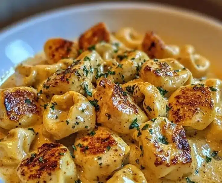 Cajun Chicken Tortellini in creamy garlic sauce served on a plate.
