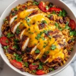 Cheesy Southwest Chicken served with rice in a vibrant dish