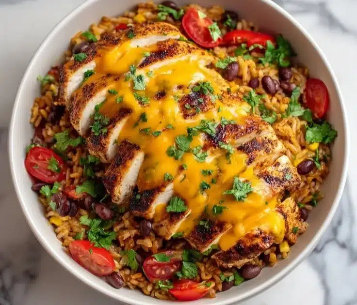 Cheesy Southwest Chicken served with rice in a vibrant dish