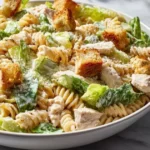 Delicious Chicken Caesar Pasta Salad served in a bowl with creamy dressing and toppings.