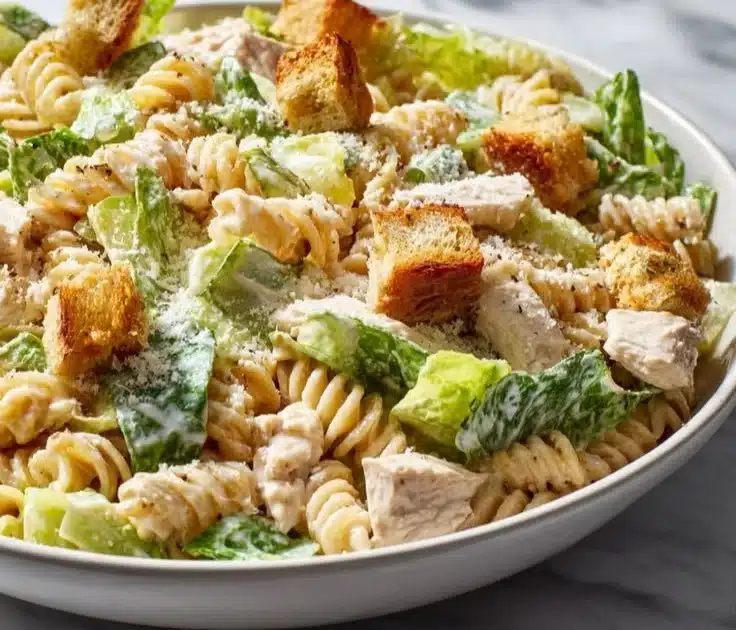 Delicious Chicken Caesar Pasta Salad served in a bowl with creamy dressing and toppings.