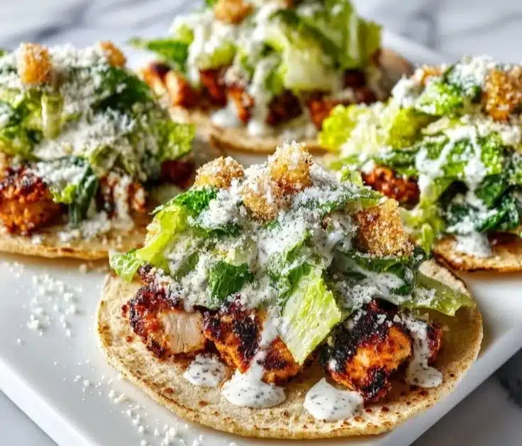 Delicious Chicken Caesar Smash Tacos served with parmesan and romaine lettuce.
