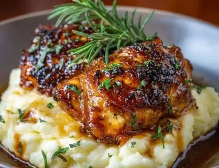 Delicious Chipotle Honey Chicken Thighs served with Smoked Gouda Mashed Potatoes