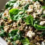 Creamy feta lentil skillet served in a colorful dish