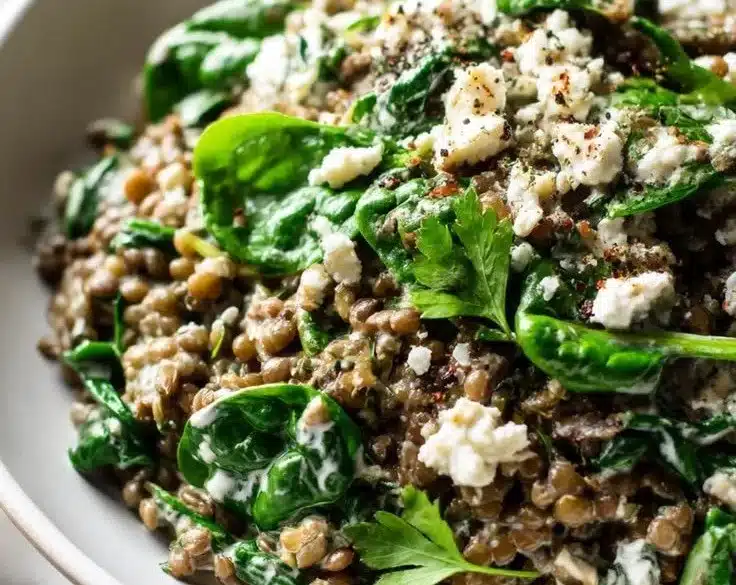 Creamy feta lentil skillet served in a colorful dish