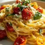 Bowl of creamy roasted tomato pasta topped with fresh basil and parmesan cheese