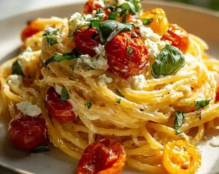 Bowl of creamy roasted tomato pasta topped with fresh basil and parmesan cheese