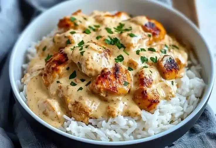 Creamy smothered chicken served over a bed of rice.
