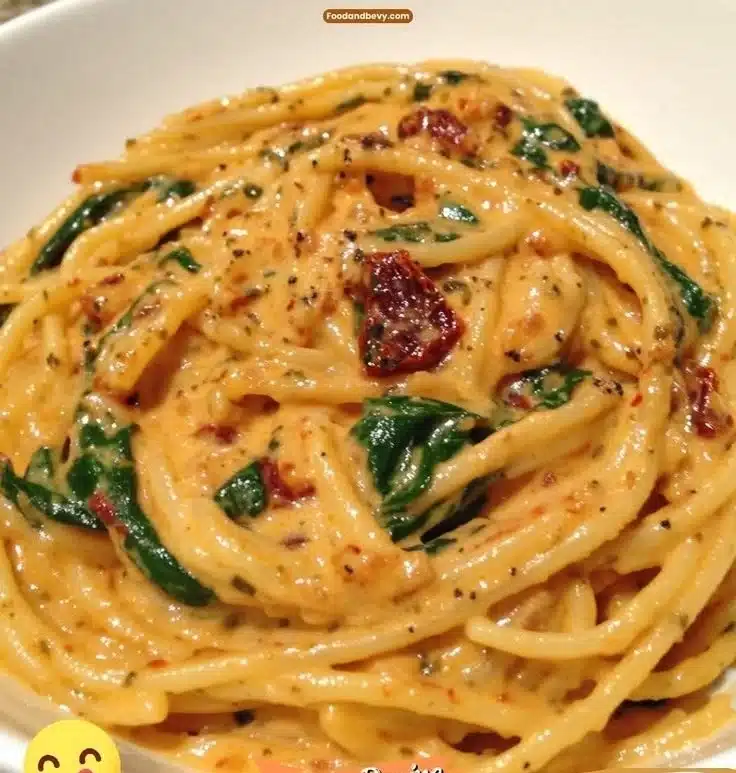 Creamy spinach and sun-dried tomato spaghetti on a plate