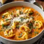 Bowl of creamy tomato tortellini soup garnished with fresh basil