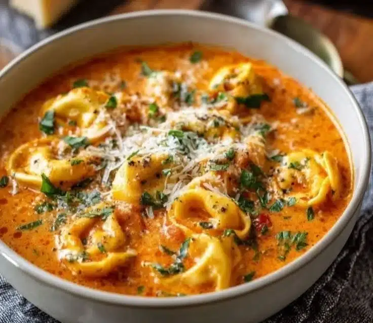 Bowl of creamy tomato tortellini soup garnished with fresh basil