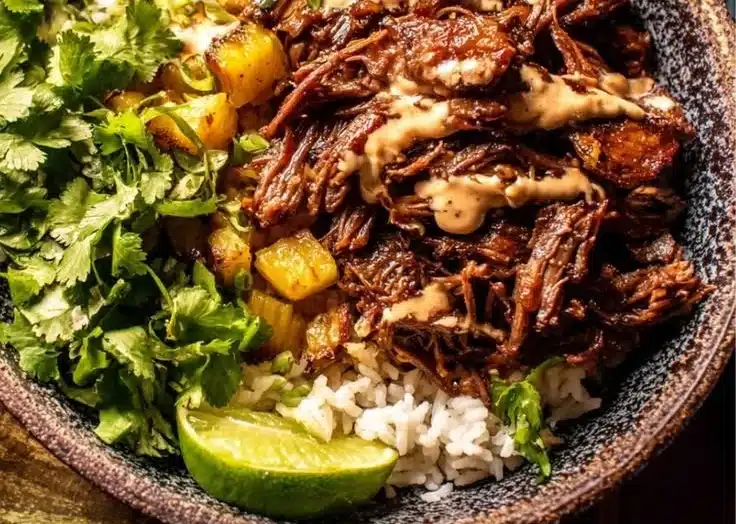 Crockpot Chipotle Pineapple Pot Roast served in a bowl with fresh toppings