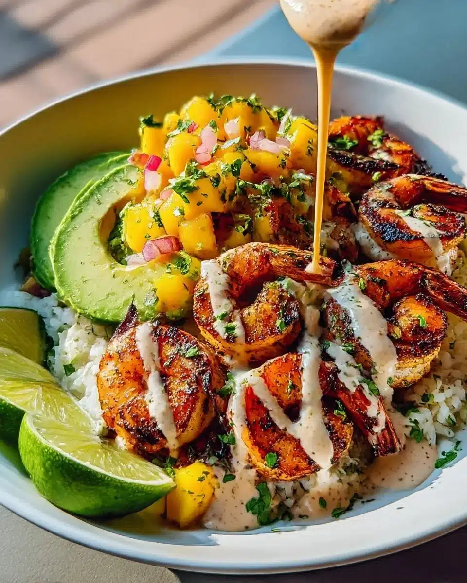 Shrimp avocado bowls with mango salsa on a wooden table, garnished with herbs.