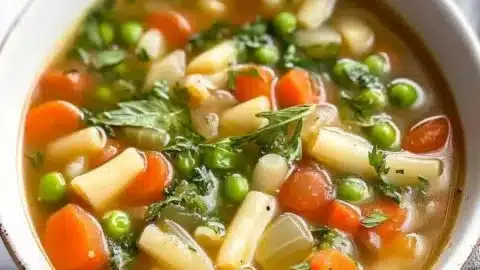 Delicious spring minestrone soup with fresh vegetables and vibrant colors