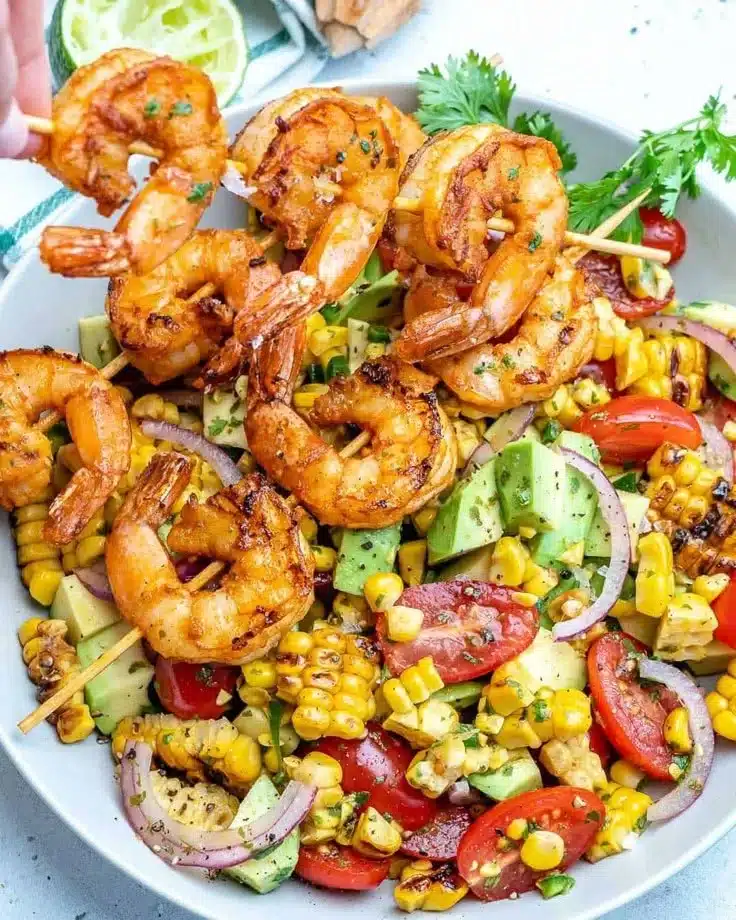 Easy Corn Salad with Avocados and Grilled Shrimp Skewers