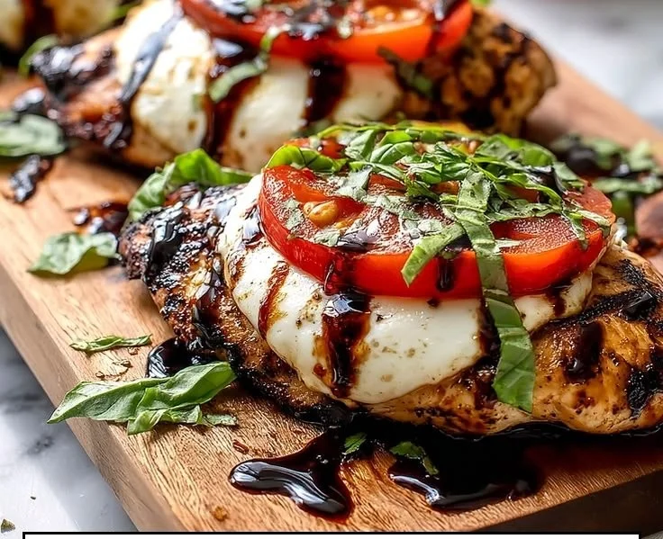 Delicious easy grilled chicken Caprese with fresh basil and mozzarella