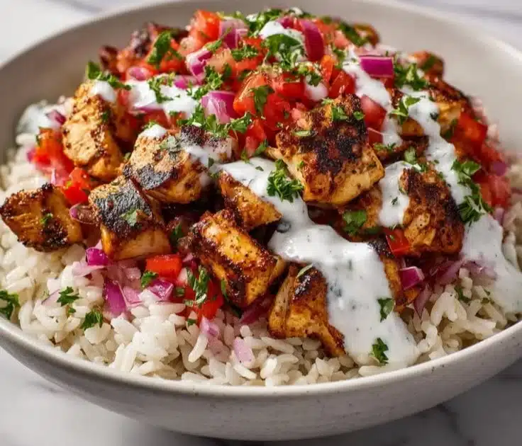 Mediterranean Chicken Gyro Bowls with fresh vegetables and tzatziki sauce