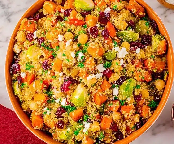 Delicious fall quinoa salad with seasonal vegetables and dressing