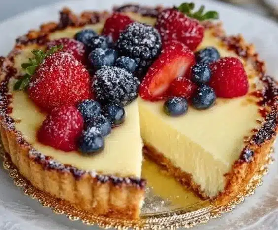 French lemon cream tart with a buttery crust and creamy lemon filling