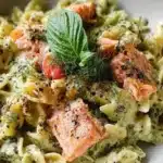 Bowl of fresh salmon pesto pasta topped with herbs and pine nuts
