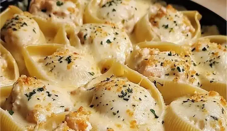 Garlic butter chicken alfredo stuffed shells on a plate garnished with parsley
