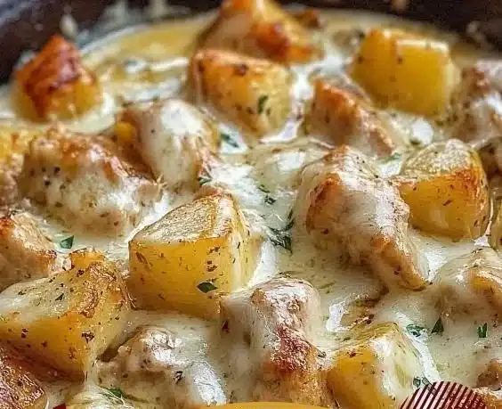 Garlic Parmesan Crockpot Chicken with potatoes in a slow cooker
