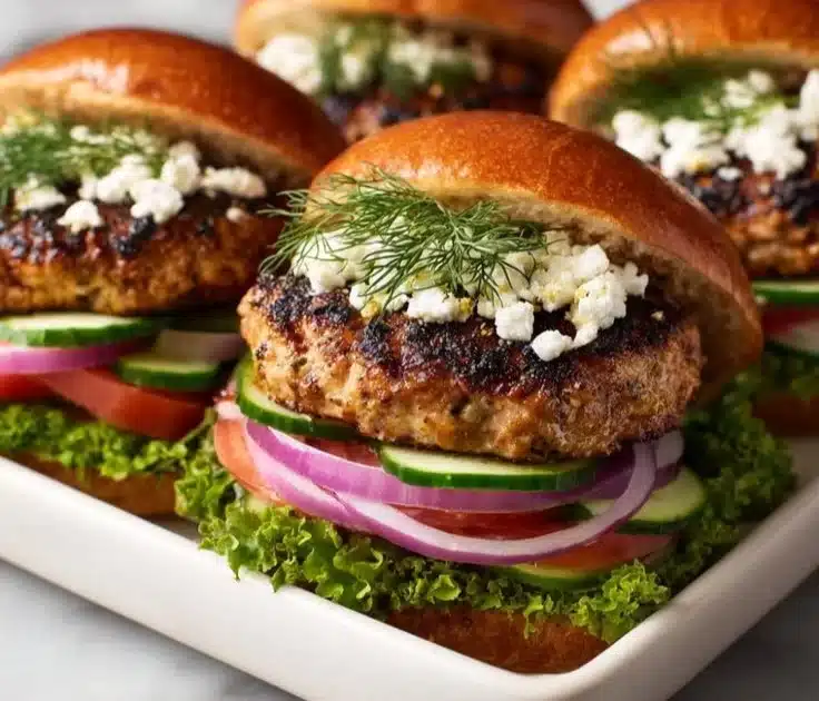 Juicy Greek Chicken Burgers topped with tzatziki sauce and fresh veggies