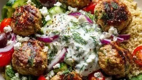 Delicious Greek Turkey Meatball Bowls with fresh ingredients and spices.