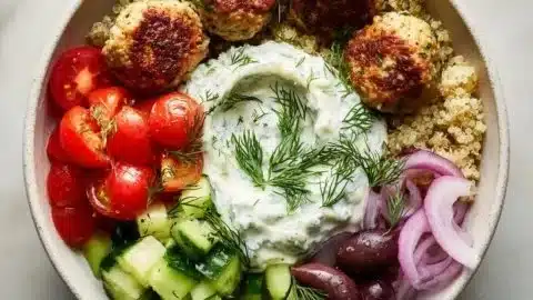Greek Turkey Meatball Bowls with fluffy quinoa and tzatziki sauce
