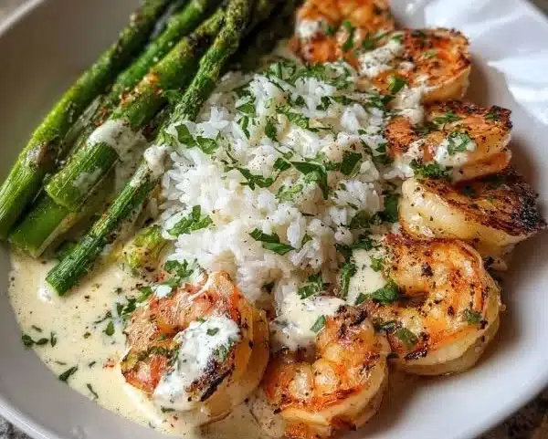 Delicious grilled shrimp bowl with fresh vegetables and rice