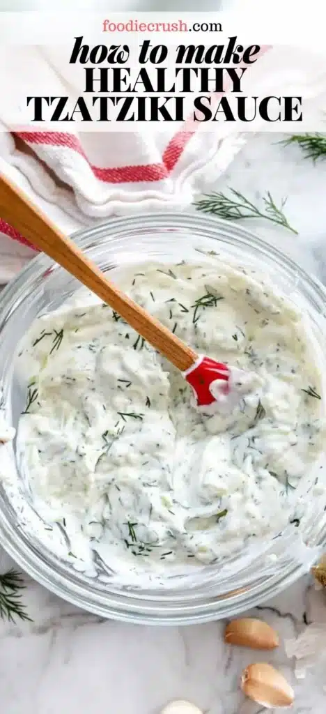 Healthy Greek tzatziki sauce made with yogurt, cucumbers, and herbs.
