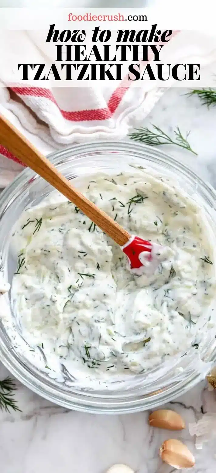 Healthy Greek tzatziki sauce made with yogurt, cucumbers, and herbs.