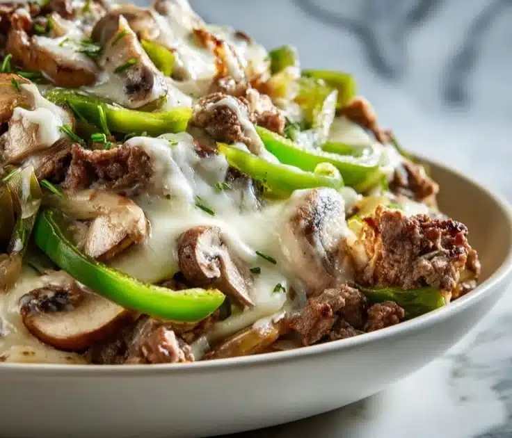 Healthy Philly Cheese Steak Bowl filled with fresh ingredients and flavorful toppings.