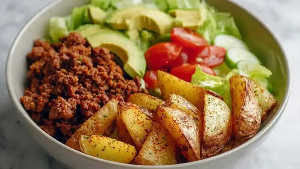 High protein burger bowls filled with fresh ingredients and savory flavors.