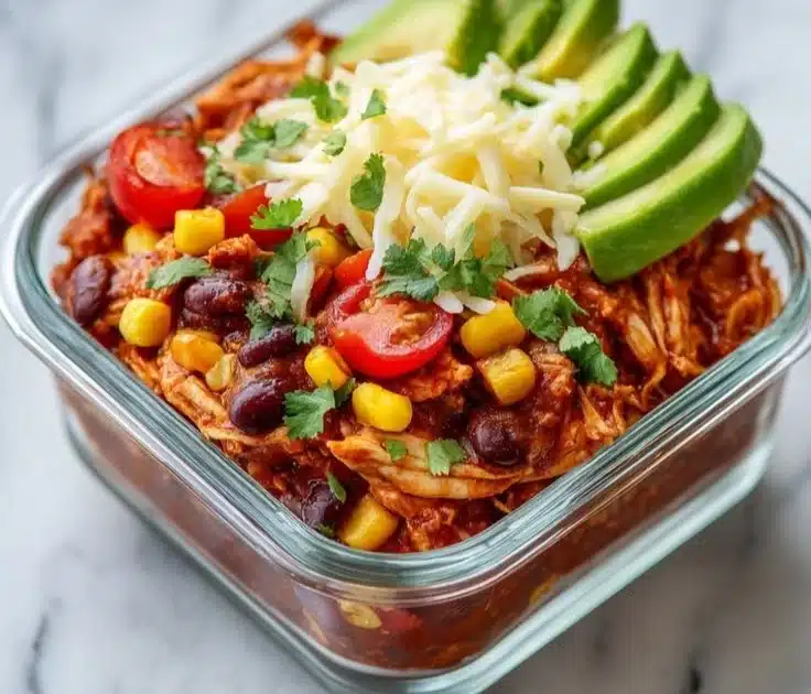High-protein chicken enchilada bowls garnished with fresh ingredients