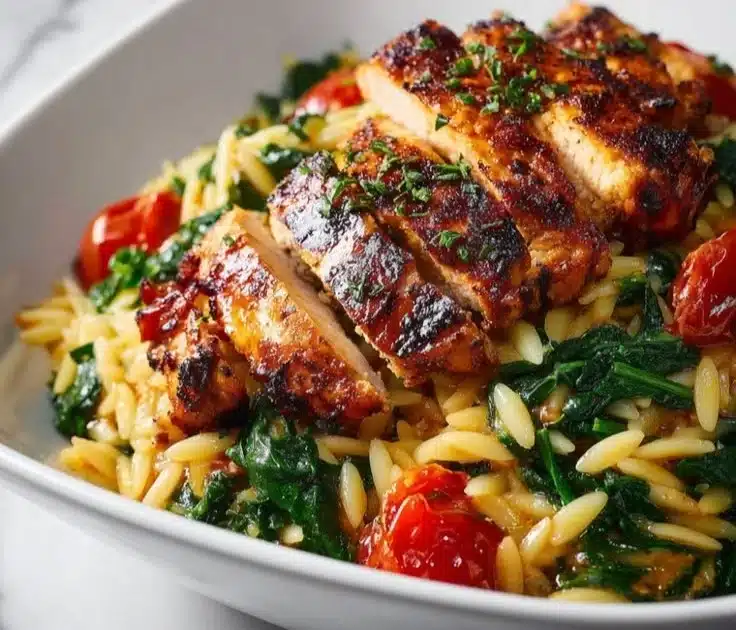 High protein chicken orzo dish with vegetables and herbs