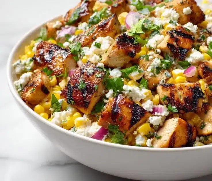 High protein chicken salad with street corn, a flavorful and healthy dish.