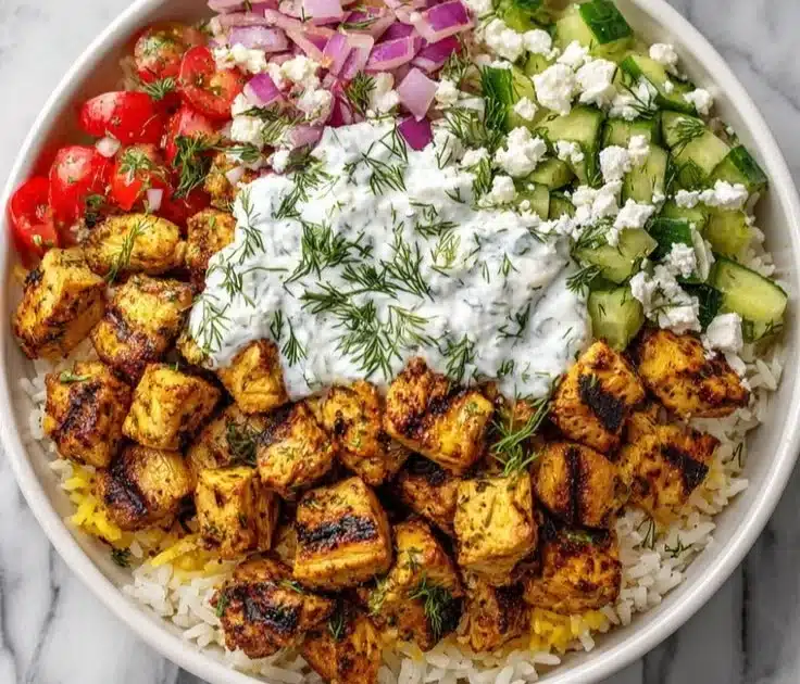 High Protein Mediterranean Lemon-Dill Chicken Bowls with fresh ingredients