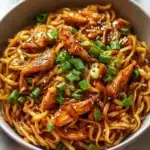 Plate of high protein sticky garlic chicken noodles garnished with herbs.