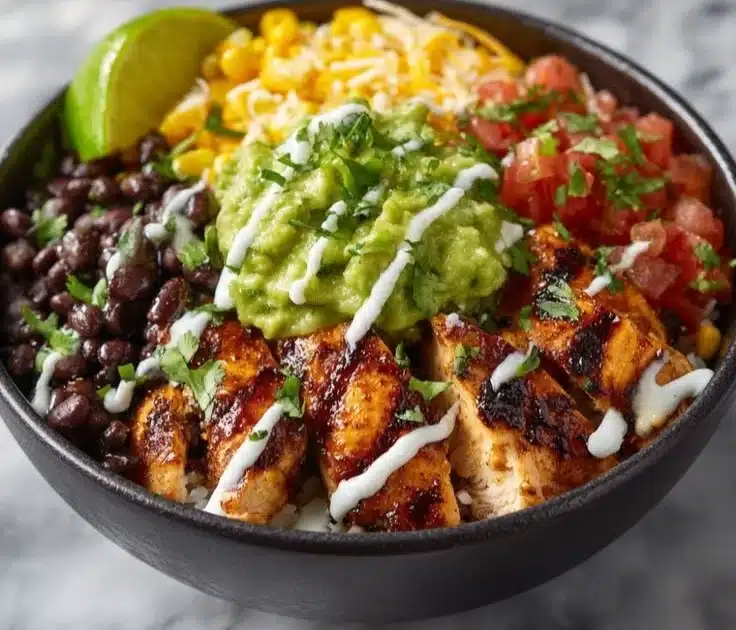 High protein taco bowl with fresh ingredients and toppings