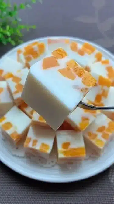 Bowl of homemade mango pudding garnished with fresh mango slices