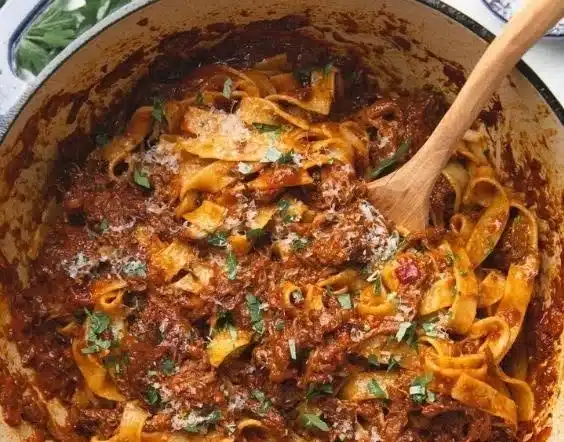 Delicious homemade short rib ragu served over pasta.