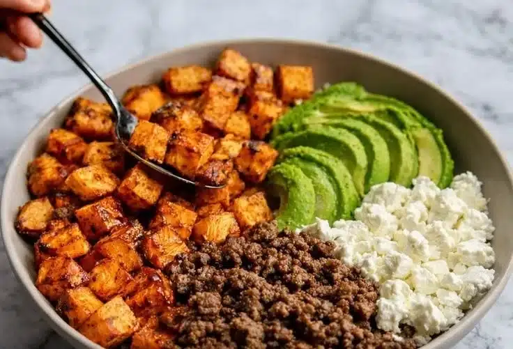 Hot Honey Sweet Potato Beef Bowls