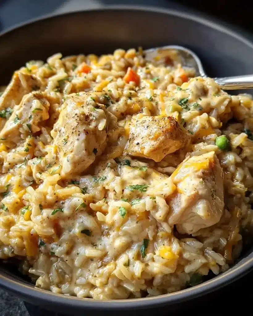 Delicious Instant Pot creamy chicken and rice served in a bowl