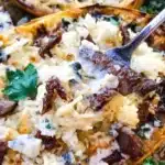 Keto Low Carb Steak Gorgonzola Alfredo with Spaghetti Squash dish