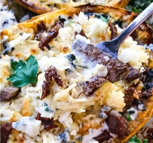 Keto Low Carb Steak Gorgonzola Alfredo with Spaghetti Squash dish