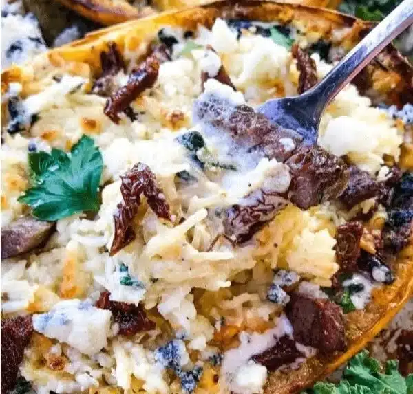 Keto Low Carb Steak Gorgonzola Alfredo Spaghetti Squash
