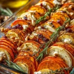 Layered sweet potato, pumpkin, and carrot bake served in a vibrant dish