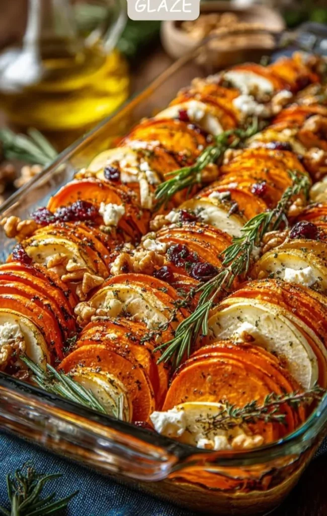 Layered sweet potato, pumpkin, and carrot bake served in a vibrant dish
