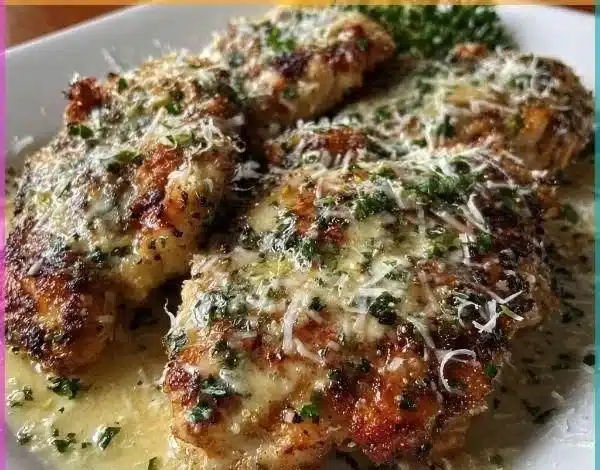 Delicious Lemon Chicken Romano served with lemon slices and herbs